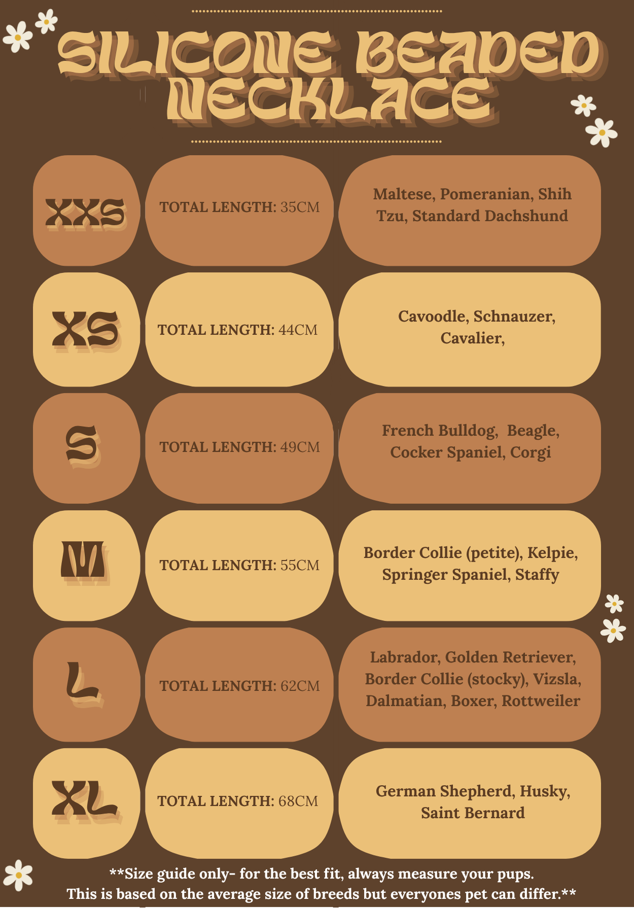 Silicone Beaded Necklace size chart with breed recommendations on a brown background